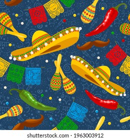 Cinco de Mayo seamless pattern with traditional mexican sombrero, perforated paper flags, maracas and other. Hand drawn festive pattern on blue background. Vector illustration. 