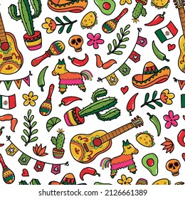 Cinco de Mayo seamless pattern, print with hand drawn doodles on white background. Wrapping paper, wallpaper, packaging, textile prints. EPS 10