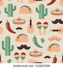 Cinco de Mayo seamless pattern of Mexican things.