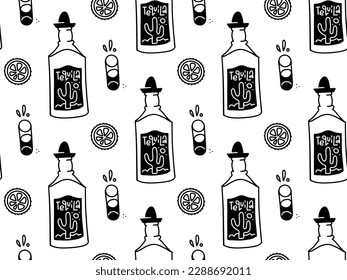 Cinco de Mayo seamless pattern with doodle style Mexican symbols - tequila bottle, glass, lime. Linear hand drawn balck and white Sketch. For wallpaper, web page background. Vector illustration.