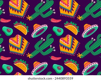 Cinco de Mayo seamless pattern, May 5, federal holiday in Mexico. Symbols of Mexican culture on a violet background.