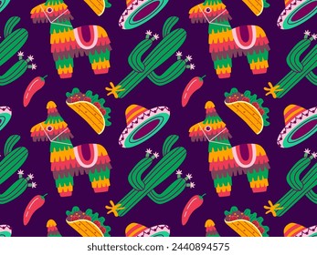 Cinco de Mayo seamless pattern, May 5, federal holiday in Mexico. Symbols of Mexican culture on a violet background.