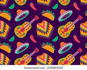 Cinco de Mayo seamless pattern, May 5, federal holiday in Mexico. Symbols of Mexican culture on a violet background.