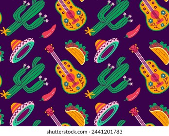 Cinco de Mayo seamless pattern, May 5, federal holiday in Mexico. Symbols of Mexican culture on a violet background.