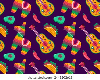 Cinco de Mayo seamless pattern, May 5, federal holiday in Mexico. Symbols of Mexican culture on a violet background.