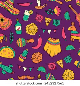 Cinco de Mayo seamless pattern with doodles, cartoon elements for wallpaper, backgrounds, textile prints, wrapping paper, packaging, etc. EPS 10