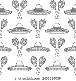 Cinco de Mayo seamless pattern, maracas and sombrero on white background, mexican culture wallpaper, wrapping paper, vector background