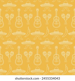 Cinco de Mayo seamless pattern with guitar, sombrero, maracas, chili, Mexican party vector illustration for wallpaper, gift paper