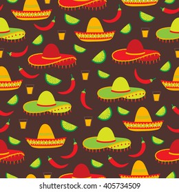 Cinco de Mayo seamless pattern with chili pepper, sombrero, lime and shots. Perfect for wallpaper, gift paper, pattern fills, web page background, Mexican greeting cards. Vector illustration