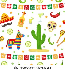 Cinco de Mayo seamless pattern. Mexican holiday endless background, texture. Vector illustration