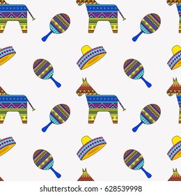 Cinco de Mayo seamless pattern background. Mexican toy, maracas, sombrero.