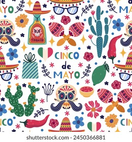 Cinco de Mayo seamless vector pattern. Mexican holiday symbols - sombrero, tequila and lime, cactus, sugar skull, flowers, maracas. Festive carnival, victory celebration. May 5th cartoon background