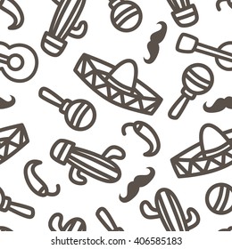 Cinco de Mayo seamless vector pattern with hand drawn mexican elements - sombrero, cactus, mustache, chili pepper, maracas. Beautiful background for your design. EPS 8.