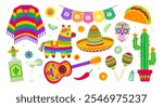 Cinco de mayo set. A colorful collection of Mexican items including a sombrero, a guitar, a cactus, and a margarita glass