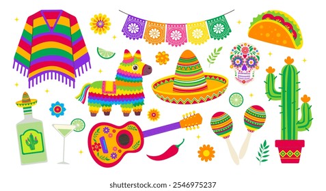 Cinco de mayo set. Eine bunte Sammlung mexikanischer Gegenstände, darunter ein Sombrero, eine Gitarre, ein Kaktus und ein Margarita-Glas