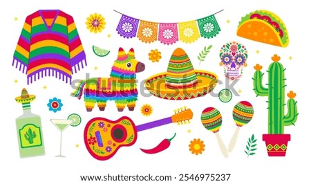 Cinco de mayo set. A colorful collection of Mexican items including a sombrero, a guitar, a cactus, and a margarita glass