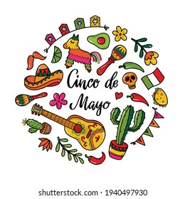 Cinco de Mayo set of doodles isolated on white background for stickers, prints, logos, signs, cards, posters decor. EPS 10