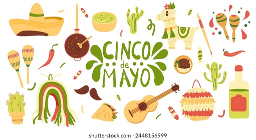 Cinco de Mayo set elements. Hand drawn lettering text and pinata, musical tools, traditional cuisine. Mexican festivals collection. Vector flat illustration isolated on white background.