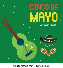 Cinco de Mayo set greeting card, template with guitar, caracas and hat ornament. - vector