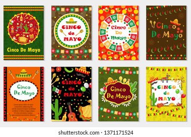 Cinco de Mayo set greeting card, template for flyer, poster, invitation. Mexican celebration with traditional symbols. Collection  with bunting, sambrero, tequila, cactus, maracas. Vector illustration