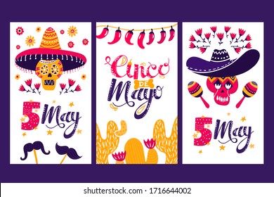 Cinco de mayo, set holiday poster vector illustration. Mexican celebration greeting card with colorful design. Sombrero, maracas, cactus and chilli. Vertical flyer traditional festival design.