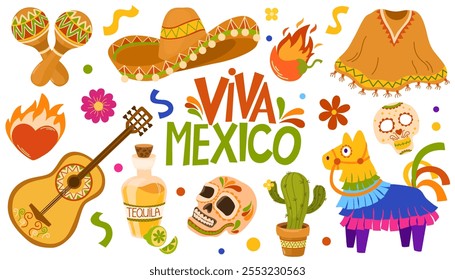 Cinco de Mayo set. Mexican holiday 5 may. Fiesta banner and poster with traditional Mexican symbols skull, Mexican guitar, flowers. Hand draw vector illustration isolated on the white background.