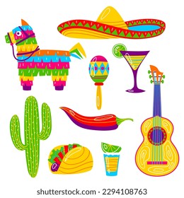 Cinco de Mayo set of objects. Mexican holiday items.