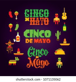 cinco de mayo set. Pixel art. Old school computer graphic style. Game assets 8-bit sprite. 8 bit video game. game element.