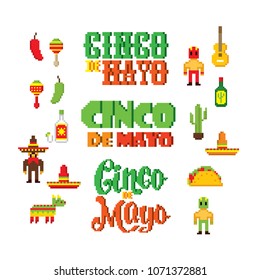 cinco de mayo set. Pixel art. Old school computer graphic style. Game assets 8-bit sprite. 8 bit video game. game element.