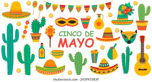 Cinco de mayo set, sombrero, guitar, cactus