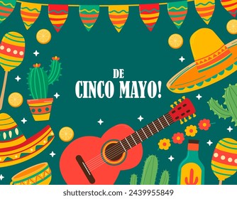 Cinco de mayo set, sombrero, guitar, cactus