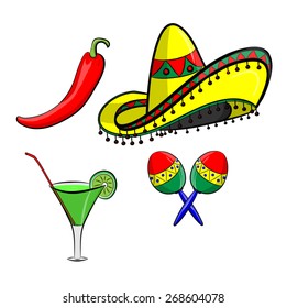 Cinco De Mayo set. Sombrero, maracas, jalapeno and margarita on a white background