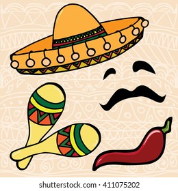 Cinco De Mayo set. Sombrero, maracas, jalapeno and mustache on a white background