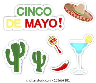 Cinco De Mayo. Set of stickers with symbols of the holiday.10 EPS. Vector illustration.