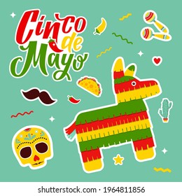  Cinco de mayo. Set with symbols of Mexico Mexican guitar, mustache, tequila, pepper, skull. Сolorful stylish vector illustration set Mexico. Mexican maracas, pinata, tacos