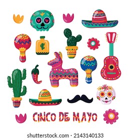 Cinco de Mayo set with traditional Mexican symbols of holiday skull, pinata, sombrero and tequila. Hand drawn elements collectionisolated on white background. Vector illustration