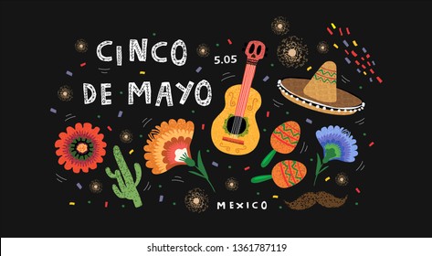 Cinco de Mayo! Set of vector illustrations for a mexican holiday for banner, card, cover, poster or party flyer. Drawings of guitar, sombrero, maracas, cactus and flowers