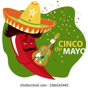 Cinco de Mayo. Singing chili to sombrero and mustash. Vector illustration