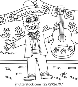 Cinco de Mayo Skeleton Holding Guitar Coloring 