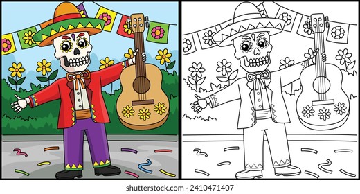 Cinco de Mayo Skeleton Holding Guitar Illustration