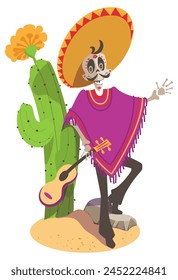 Cinco de mayo skeleton skeleton sambrero poncho culture holiday mexican. Vector cartoon illustration isolated on white