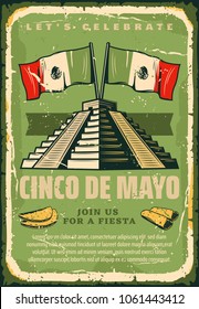 Cinco de Mayo sketch retro poster for Mexican holiday greeting card or fiesta invitation. Vector Cinco de Mayo vintage design of Mexico flag on Maya or Aztec pyramid, burrito and tacos quesadilla