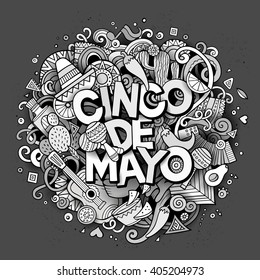 Cinco de Mayo sketchy outline festive background. Cartoon vector hand drawn Doodle illustration. Line art detailed design with objects and symbols. All objects are separated