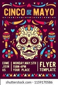 Cinco De Mayo Skull Mexican Holiday Poster Or Flyer Template Vector Illustration