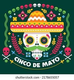 Cinco De Mayo Skull In Mexican Flower Pattern