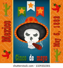 Cinco de mayo, skull skeleton in sombrero with cigar, vector layout for postcard design, background, stickers, for Mexican holiday decoration in flat style