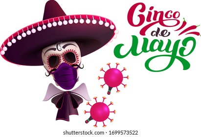 Cinco de mayo cráneo en sombrero y protección de máscaras contra el coronavirus. Tarjeta de saludo de texto. Aislado en ilustración de caricaturas de vector blanco