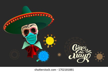 Cinco de mayo skull in sombrero on black background text template greeting card. Vector cartoon illustration