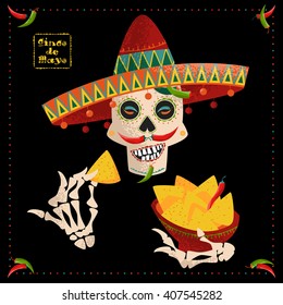 Cinco de Mayo. Smiling Mexican skull with jalapeno pepper mustache in sombrero eating nachos. Mexican tradition. Vector illustration