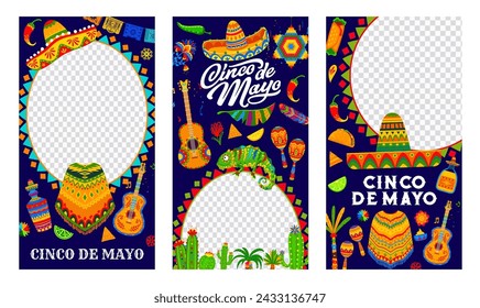 Cinco de Mayo social media template frame and banners. Cinco de Mayo holiday celebration poster, Mexican party or event social media frame with sombrero, chameleon, guitar, cuisine and cactus, pinata